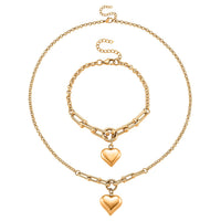 Heart Charm Bracelet (8.0In) and Necklace (24 Inches) in ION Plated YG Stainless Steel