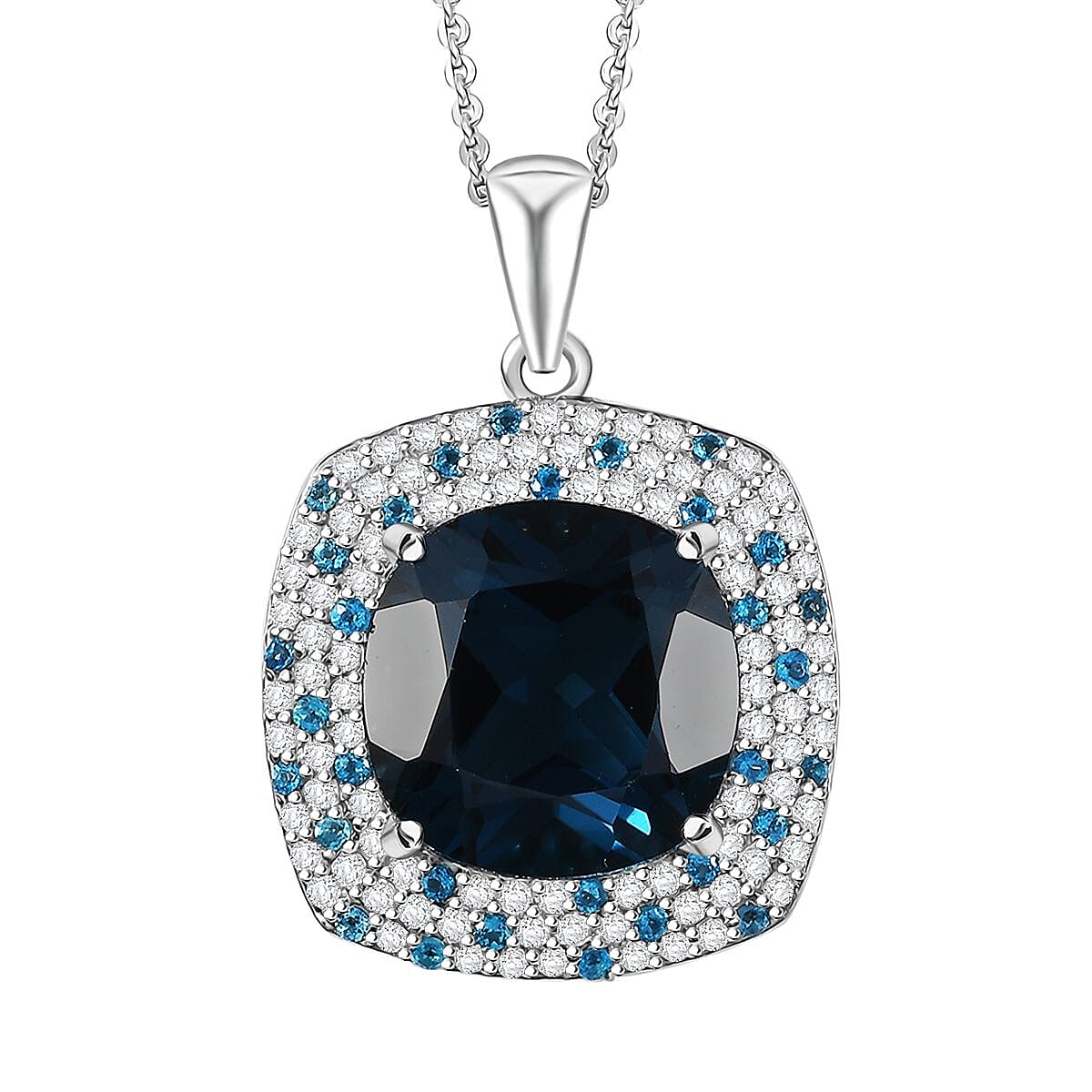 Premium London Blue Topaz and Multi Gemstone 11.65 ctw Midnight Majesty Pendant Necklace in Rhodium Over Sterling Silver 20 Inches