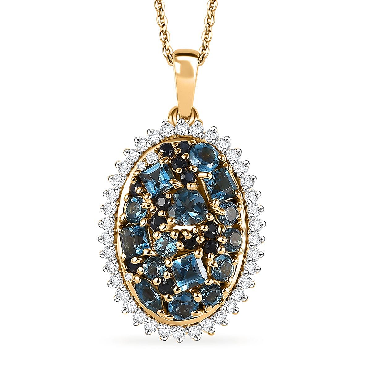 Premium London Blue Topaz and Multi Gemstone 3.00 ctw Ocean Mosaic Pendant Necklace in 18K Vermeil Yellow Gold Over Sterling Silver 20 Inches