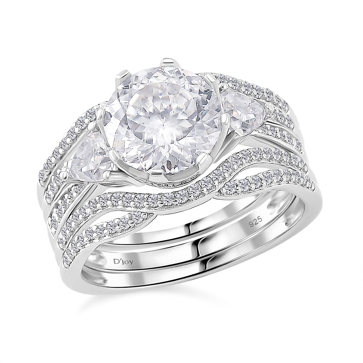 Set of 2 120 Faceted Moissanite (Rnd 9 mm) Stackable Ring in Rhodium Over Sterling Silver (Size 6.0) 3.70 ctw