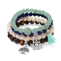Set of 4 Multi Gemstone 312.00 ctw Beaded Bracelet with Tree of Life and Rose Charm in Silvertone (6.5-7In)