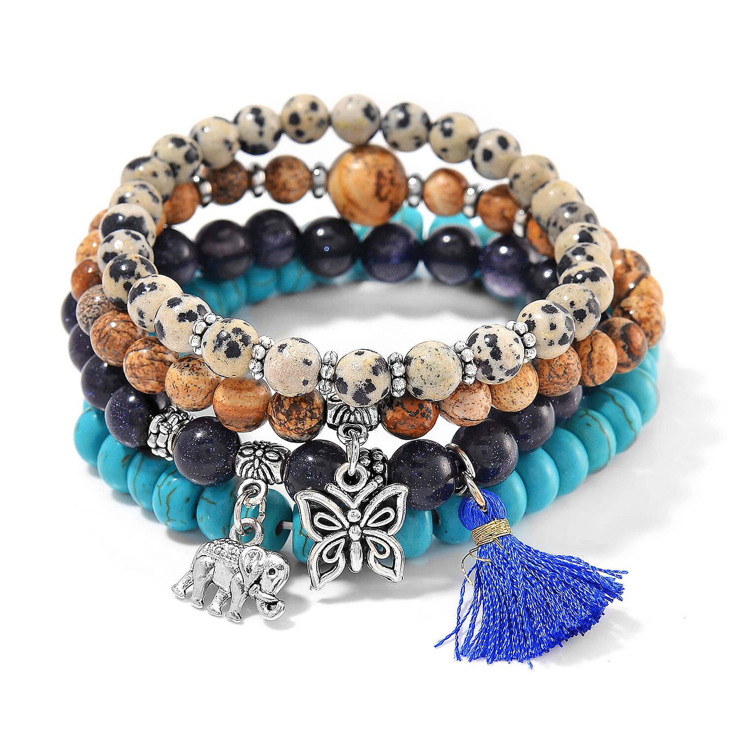 Set of 4 Multi Gemstone 275.00 ctw Beaded Bracelet with Butterfly and Elephant Charm in Silvertone (6.5-7In)