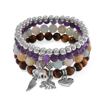 Set of 4 Multi Gemstone 245.00 ctw Beaded Bracelet with Heart, Wing and Elephant Charm in Silvertone (6.5-7In)
