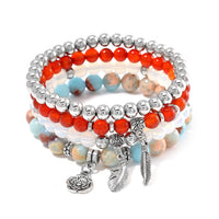 Set of 4 Multi Gemstone 165.00 ctw Beaded Bracelet with Flower and Feather Charm in Silvertone (6.5-7In)