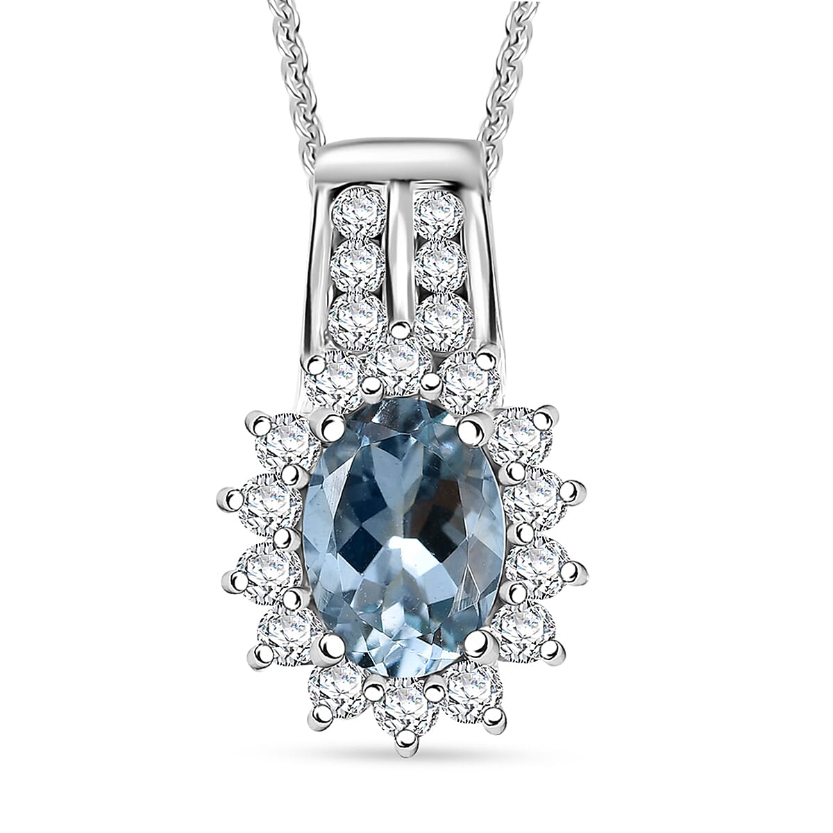 D'Joy Santa Maria Aquamarine and Luxuriant Lab Grown Diamond 1.15 ctw Marina Halo Pendant Necklace (20 Inches) in Rhodium Over Sterling Silver