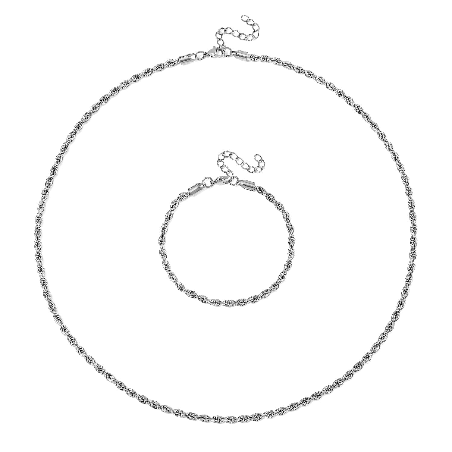 Rope Chain Bracelet (8-10In) and Necklace (24 Inches) in Stainless Steel