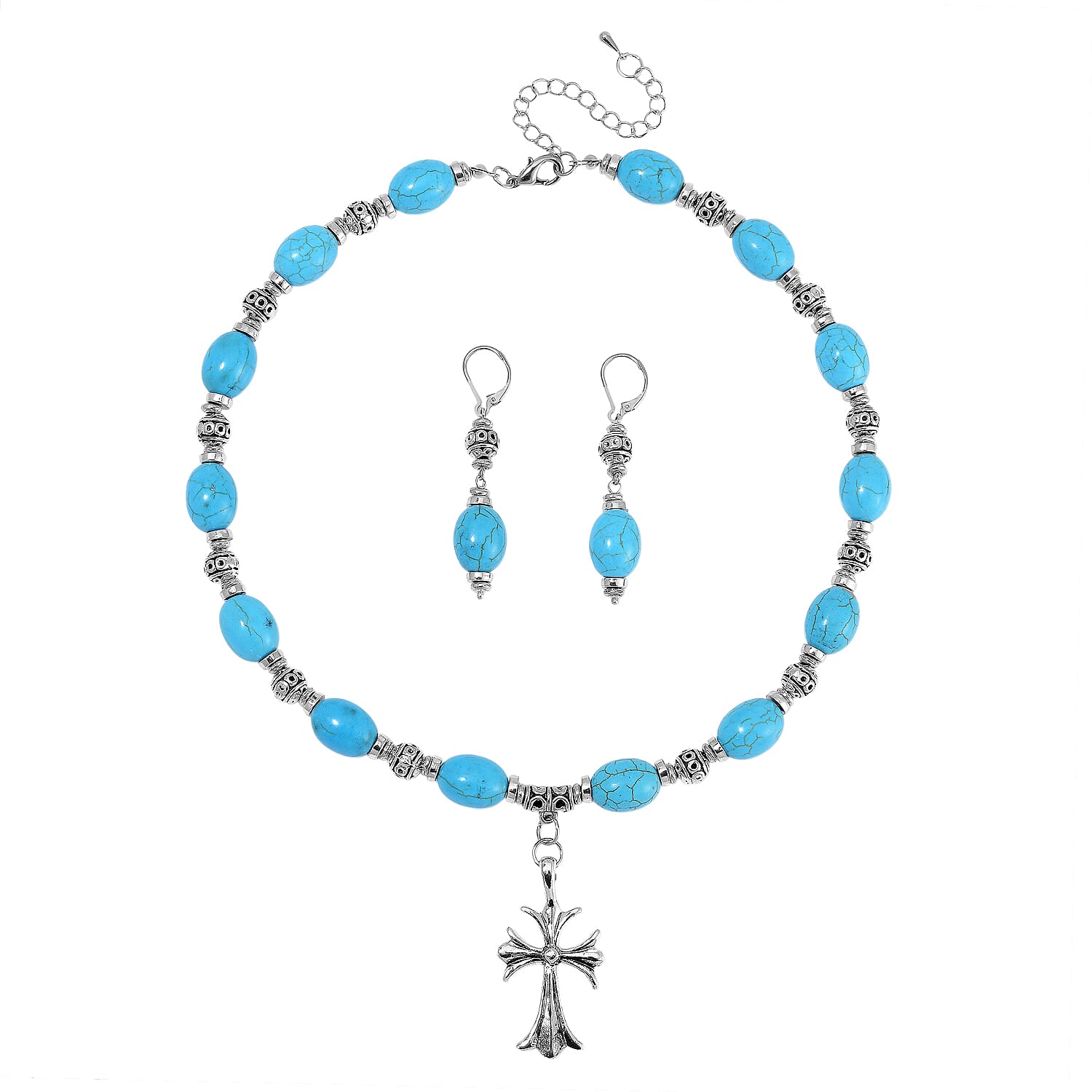 Constituted Blue Howlite Necklace (18-20 Inches) and Earrings in Silvertone and Stainless Steel 200.00 ctw