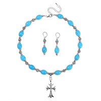 Constituted Blue Howlite Necklace (18-20 Inches) and Earrings in Silvertone and Stainless Steel 200.00 ctw