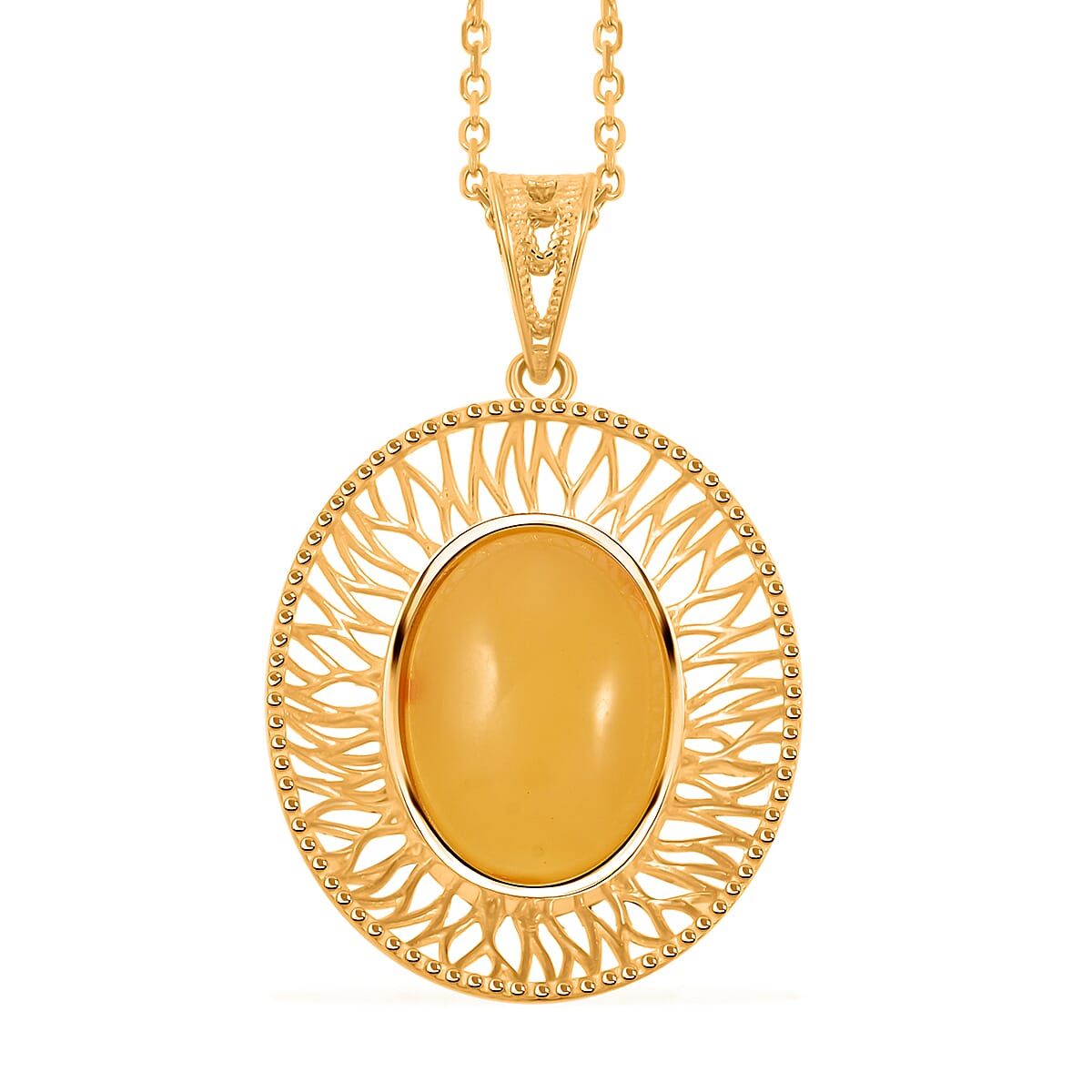 Butterscotch Amber Oval Pendant Necklace in 14K Yellow Gold Over Sterling Silver 16 Inches