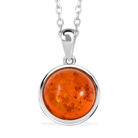 Blatic Amber Round Pendant Necklace in Sterling Silver 16 Inches