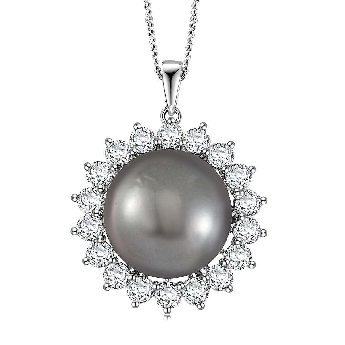 Tahitian Cultured Pearl and Moissanite 1.90 ctw Sunburst Pendant Necklace in Rhodium Over Sterling Silver 18 Inches