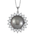 Tahitian Cultured Pearl and Moissanite 1.90 ctw Sunburst Pendant Necklace in Rhodium Over Sterling Silver 18 Inches - Sticky add to cart bar