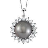 Tahitian Cultured Pearl and Moissanite 1.90 ctw Sunburst Pendant Necklace in Rhodium Over Sterling Silver 18 Inches