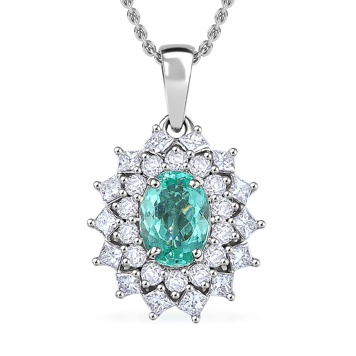 Certified and Appraised Rhapsody AAAA Paraiba Tourmaline, Diamond Pendant Necklace in 950 Platinum  2.00 ctw (20 Inches) with Free Paraiba Book