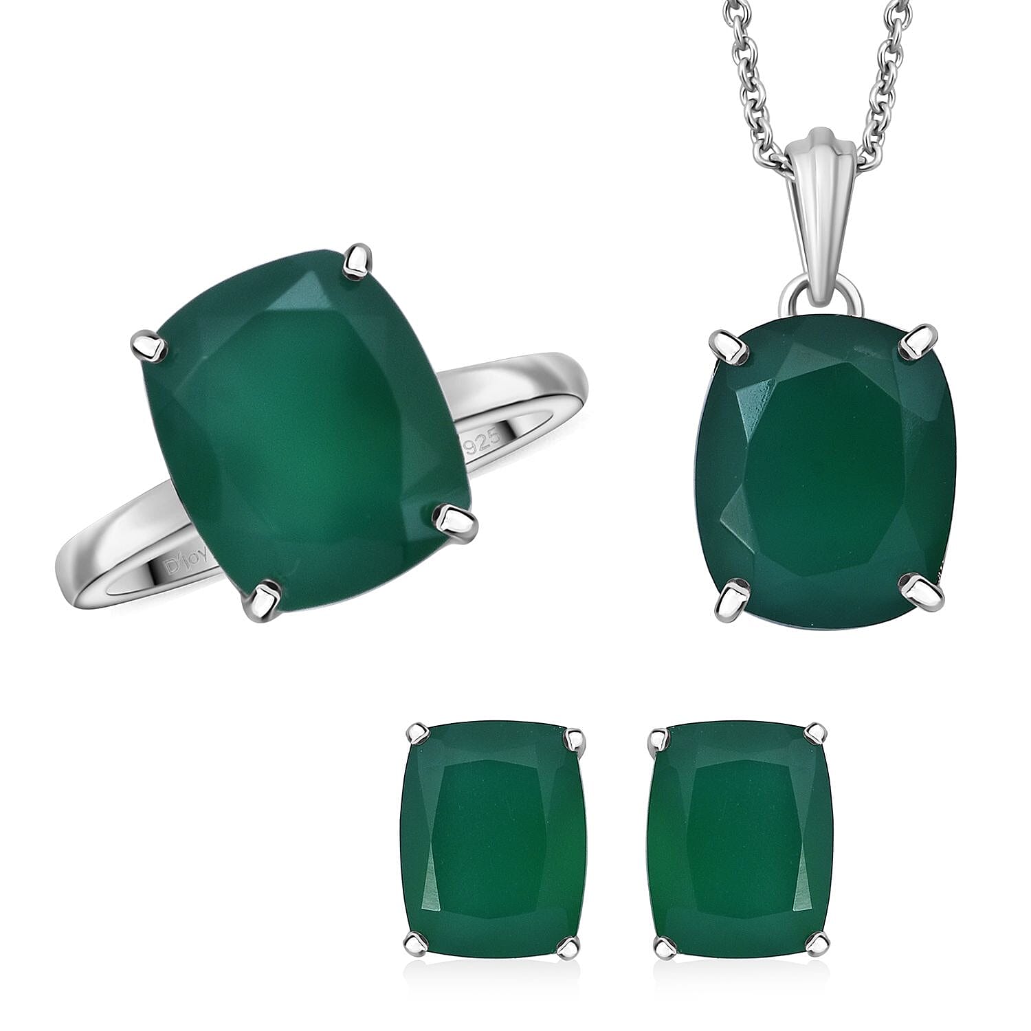 Verde Onyx Stud Earrings, Solitaire Ring (Size 6.0) and Pendant in Rhodium Over Sterling Silver with Stainless Steel Necklace (18 Inches) 13.40 ctw