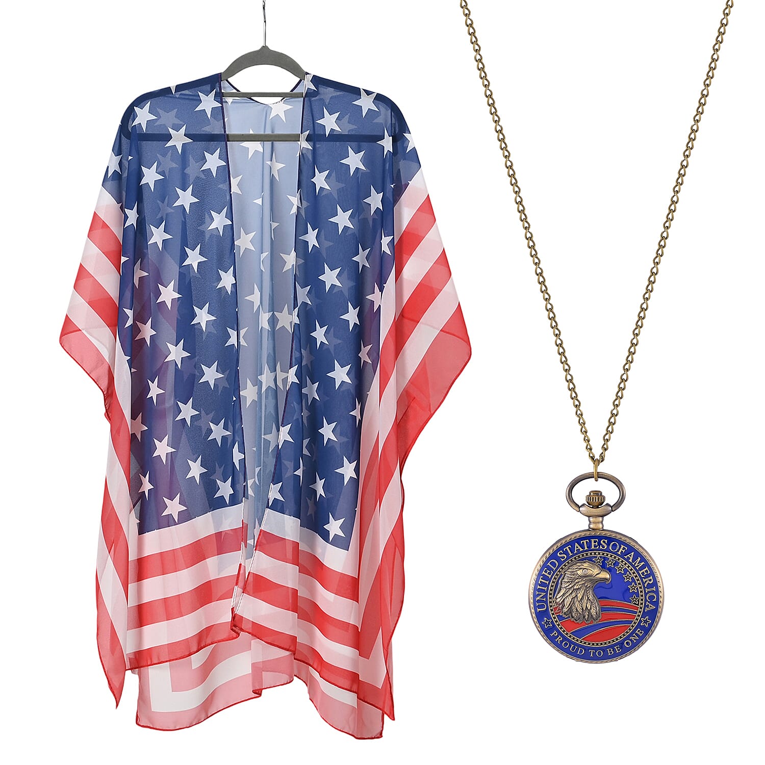 Strada Japanese Movement Coin Eagle Head Pattern Pocket Watch with Chain (36 Inches) and American Flag Pattern Kimono