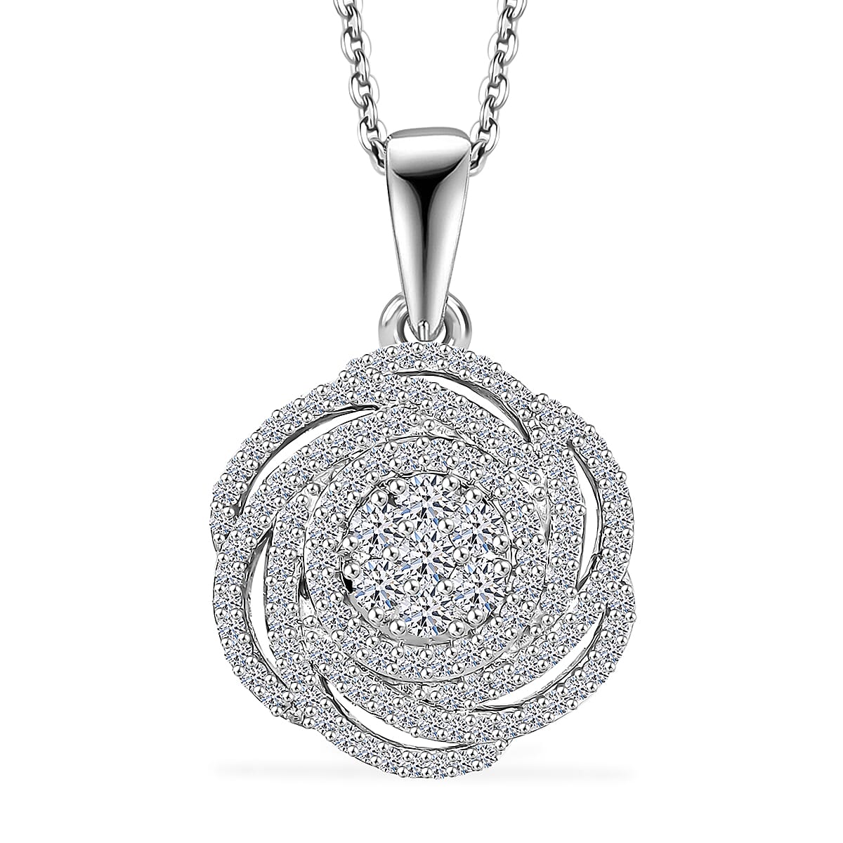 Luxuriant Lab Grown Diamond G-H SI 1.00 ctw Spiral Pendant Necklace in Rhodium Over Sterling Silver 20 Inches