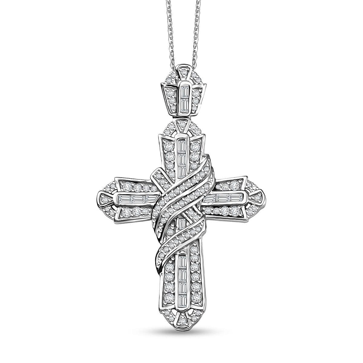 Diamond 1.00 ctw Cross Pendant Necklace in Rhodium Over Sterling Silver 20 Inches