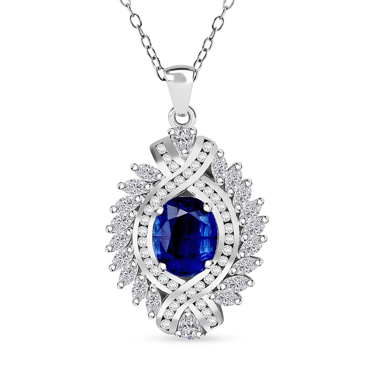 One Time Only Kashmir Kyanite, White Zircon Pendant Necklace (20 Inches) in Rhodium Over Sterling Silver 7.75 ctw