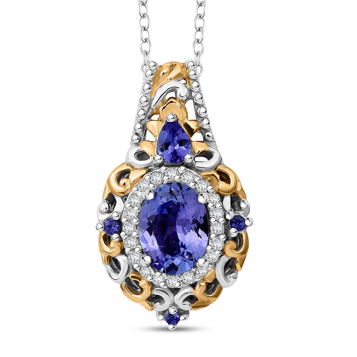 TLV Tanzanite, White Zircon Pendant Necklace (20 Inches) in Vermeil YG and Rhodium Over Sterling Silver 1.75 ctw
