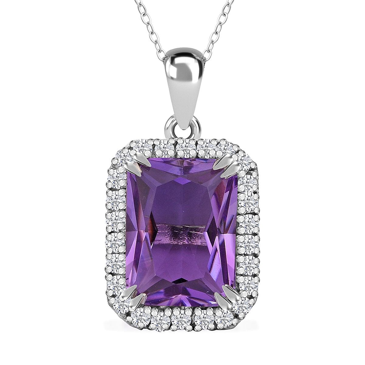 AAA Rose De France Amethyst and White Zircon 7.20 ctw Pendant Necklace in Rhodium Over Sterling Silver 20 Inches
