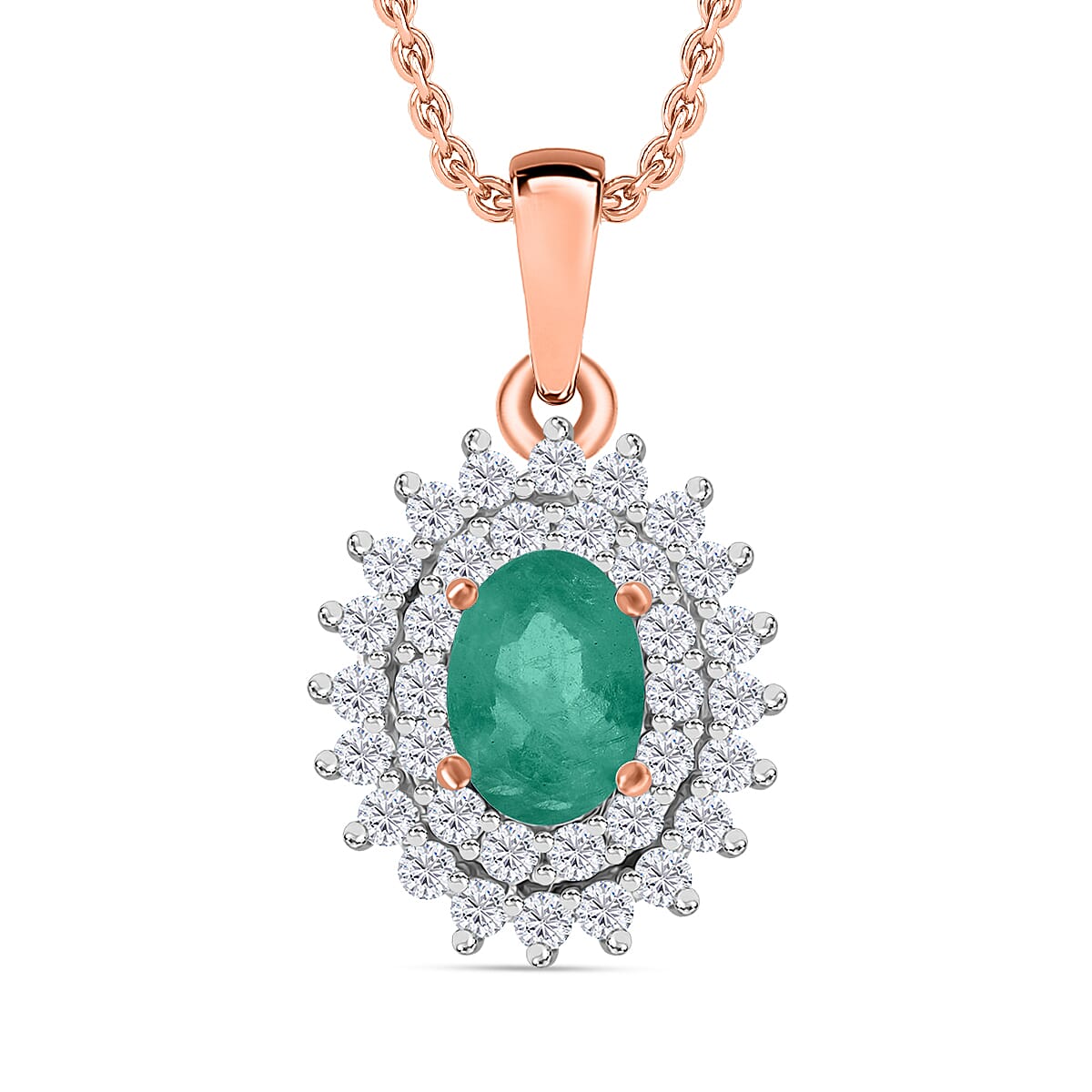 Kagem Zambian Emerald and Diamond Pendant Necklace in 18K Vermeil Rose Gold Over Sterling Silver (20 Inches) 1.27 ctw