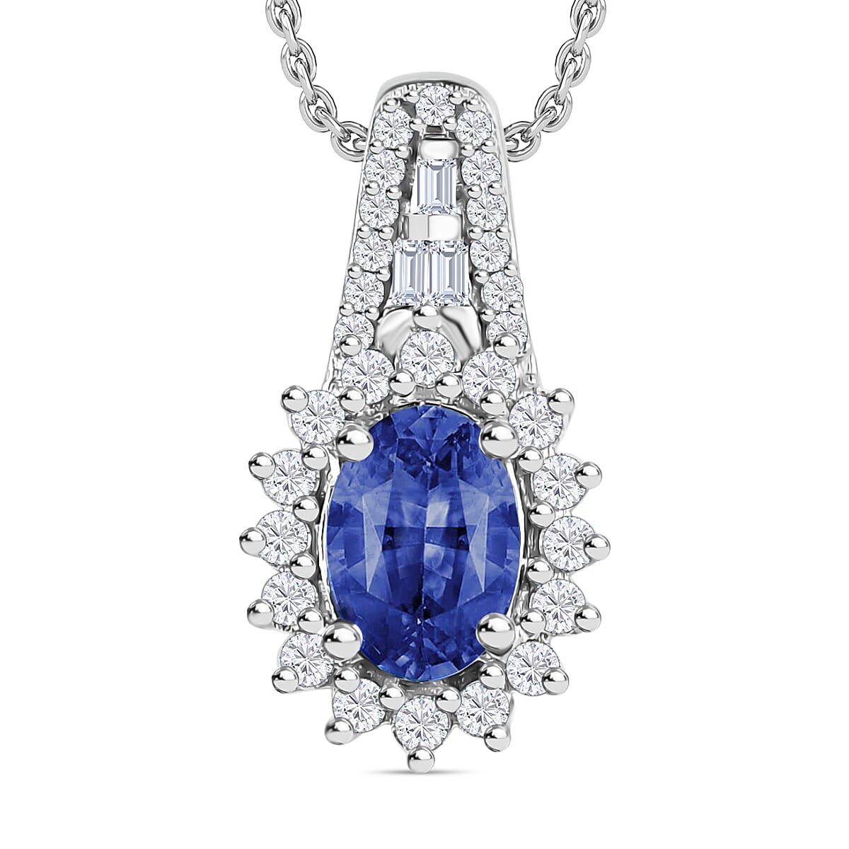 Luxoro AAA Ceylon Blue Sapphire and G-H I2 Diamond Pendant Necklace in 14K White Gold 20 Inches 1.31 ctw