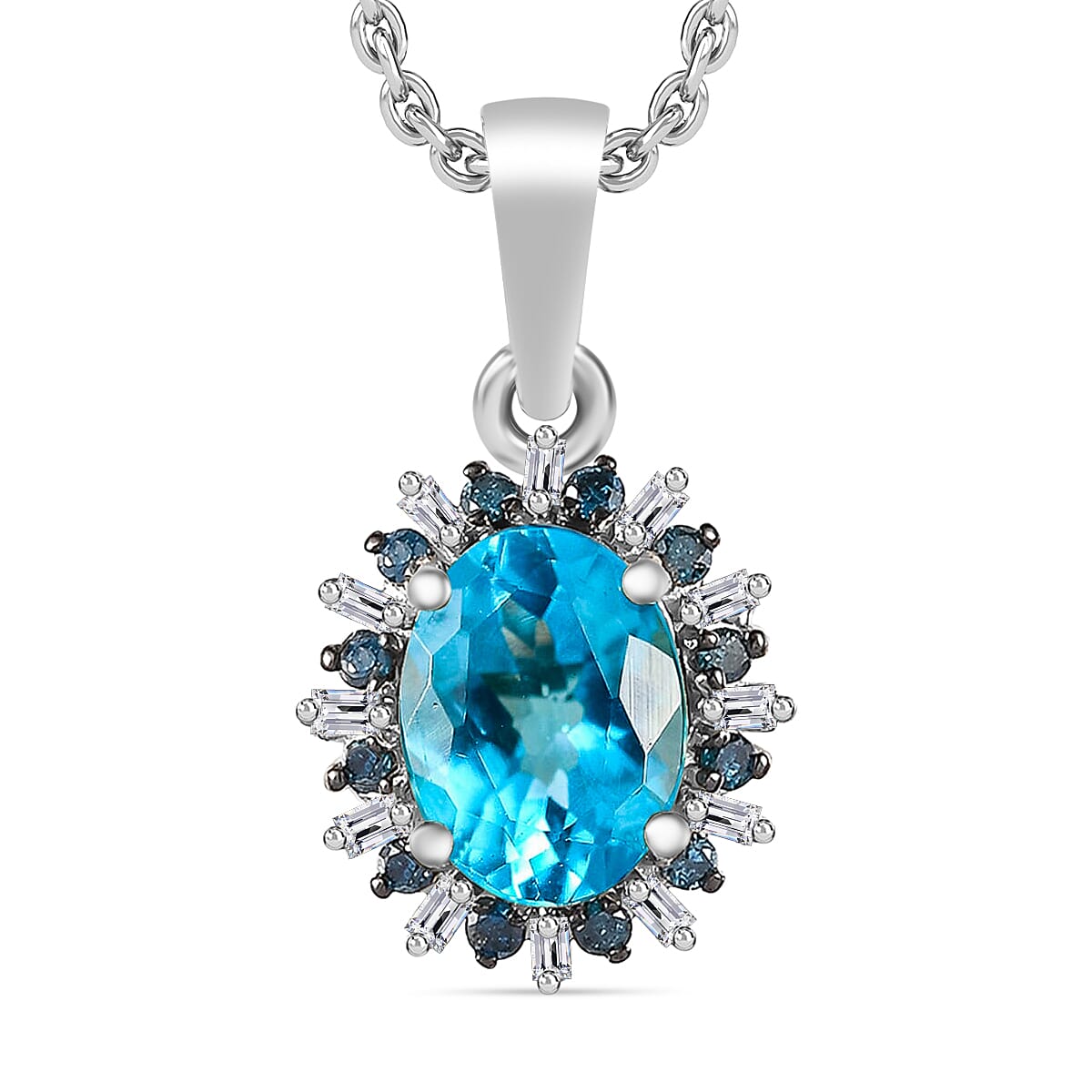 Luxoro AAA Paraiba Apatite, Blue Diamond and I2 Diamond Pendant Necklace in 10K White Gold 20 Inches 1.38 ctw