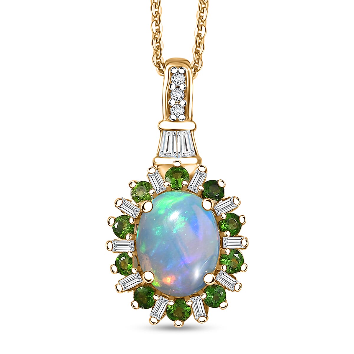 D'Joy Premium Ethiopian Welo Opal and Multi Gemstone 2.00 ctw Dahlia Flower Pendant Necklace in 18K Vermeil Yellow Gold Over Sterling Silver 20 Inches