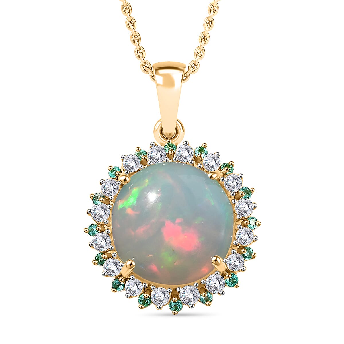 Certified & Appraised Luxoro AAA Ethiopian Welo Opal, Paraiba Tourmaline and G-H I2 Diamond 6.00 ctw Pendant Necklace in 14K Yellow Gold 20 Inches
