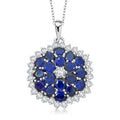 Blue Sapphire and White Zircon 5.15 ctw Floral Spray Pendant Necklace 18 Inches in Platinum Over Sterling Silver - Sticky add to cart bar