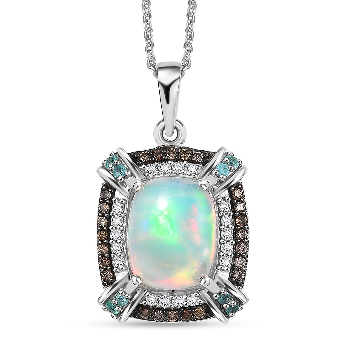 Premium Ethiopian Welo Opal, AAA Paraiba Tourmaline, Natural Champagne and White Diamond 2.30 ctw Pendant Necklace in Rhodium Over Sterling Silver 20 Inches