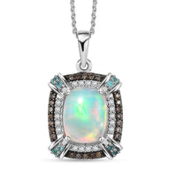 Premium Ethiopian Welo Opal, AAA Paraiba Tourmaline, Natural Champagne and White Diamond 2.30 ctw Pendant Necklace in Rhodium Over Sterling Silver 20 Inches