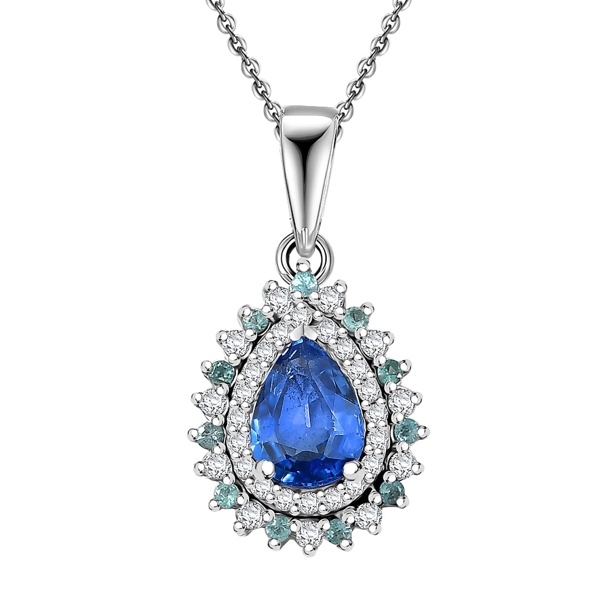 Premium Ceylon Blue Sapphire, AAA Paraiba Tourmaline and Diamond 1.17 ctw Pendant Necklace in Rhodium Over Sterling Silver 20 Inches