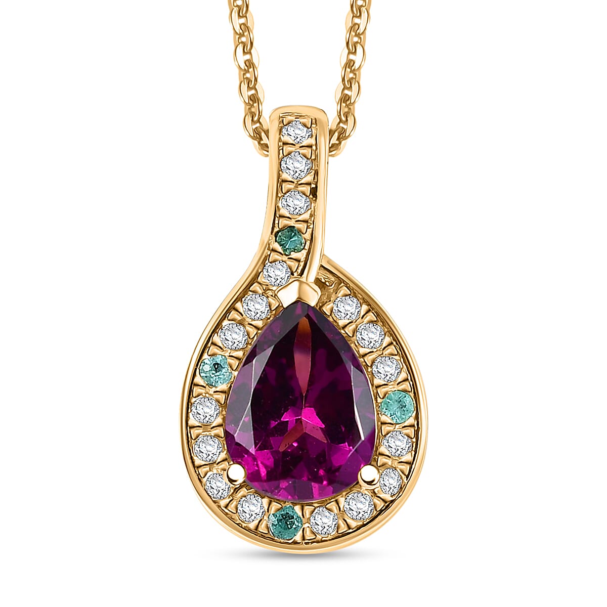 AAA Radiant Ember Garnet, AAA Paraiba Tourmaline and Diamond 1.70 ctw Dewdrop Pendant Necklace in 18K Vermeil Yellow Gold Over Sterling Silver 20 Inches