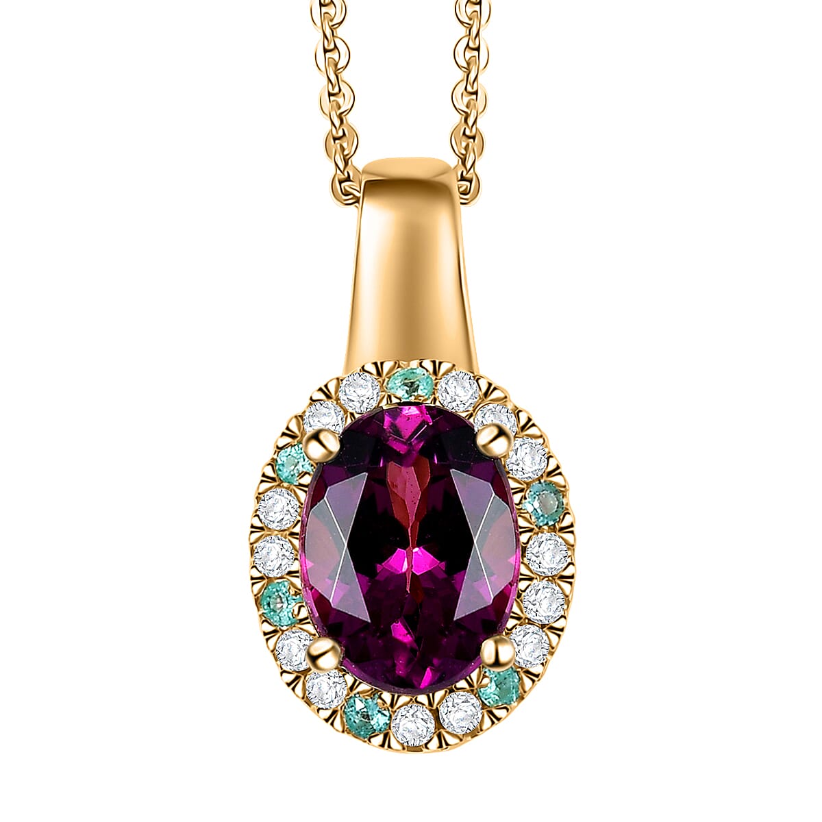AAA Radiant Ember Garnet, AAA Paraiba Tourmaline and Diamond 1.80 ctw Dewdrop Pendant Necklace in 18K Vermeil Yellow Gold Over Sterling Silver 20 Inches