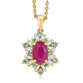 Premium Royal Ruby, AAA Paraiba Tourmaline and I3 Diamond 0.75 ctw Sunburst Pendant Necklace in 18K Vermeil Yellow Gold Over Sterling Silver 20 Inches - Sticky add to cart bar