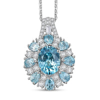 D''Joy Cambodian Blue Zircon, White Zircon Pendant Necklace (20 Inches) in Rhodium Over Sterling Silver 5.75 ctw