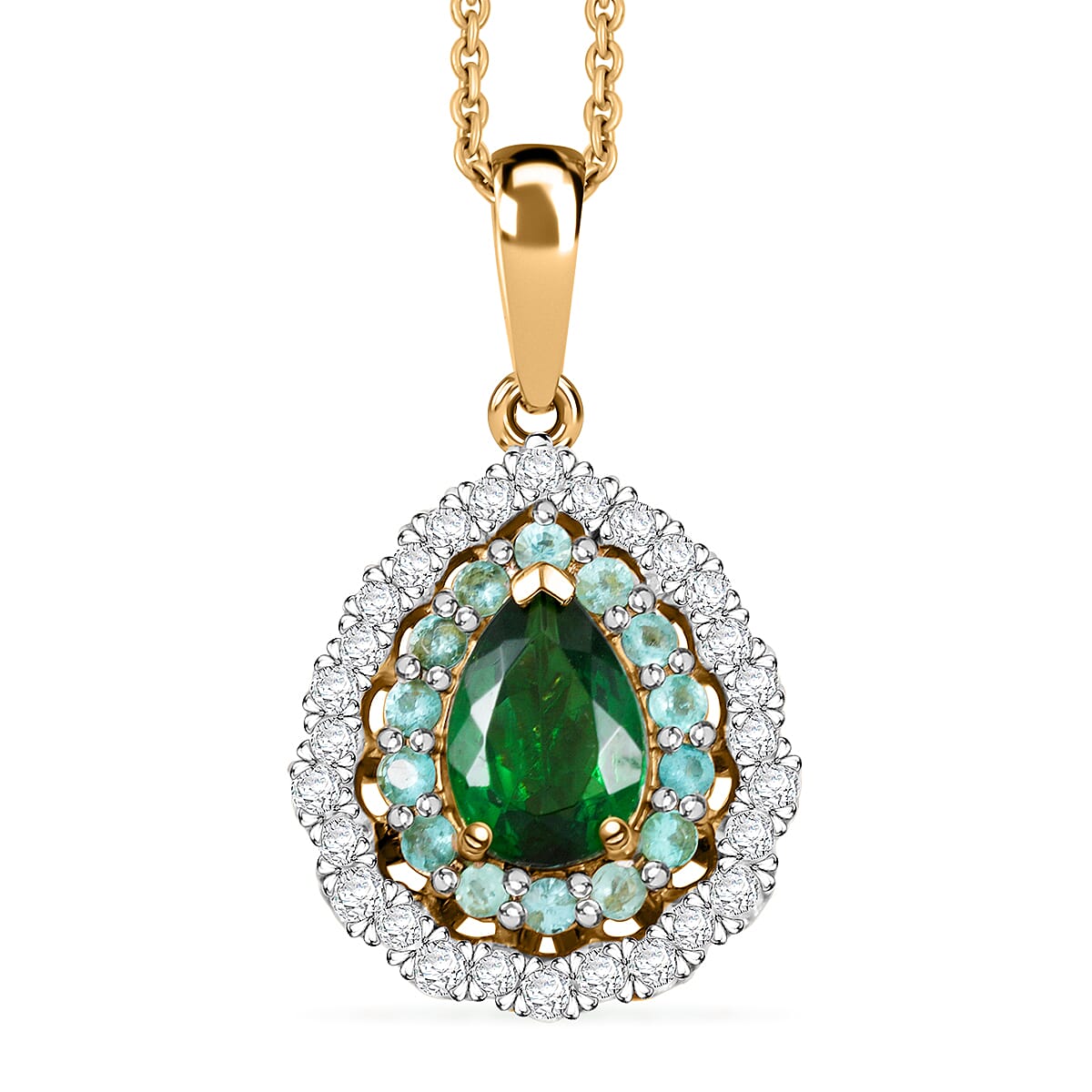 Certified & Appraised Luxoro AAA Tsavorite Garnet, AAAA Paraiba Tourmaline and Diamond E-F I2 1.80 ctw Pendant Necklace in 14K Yellow Gold 20 Inches