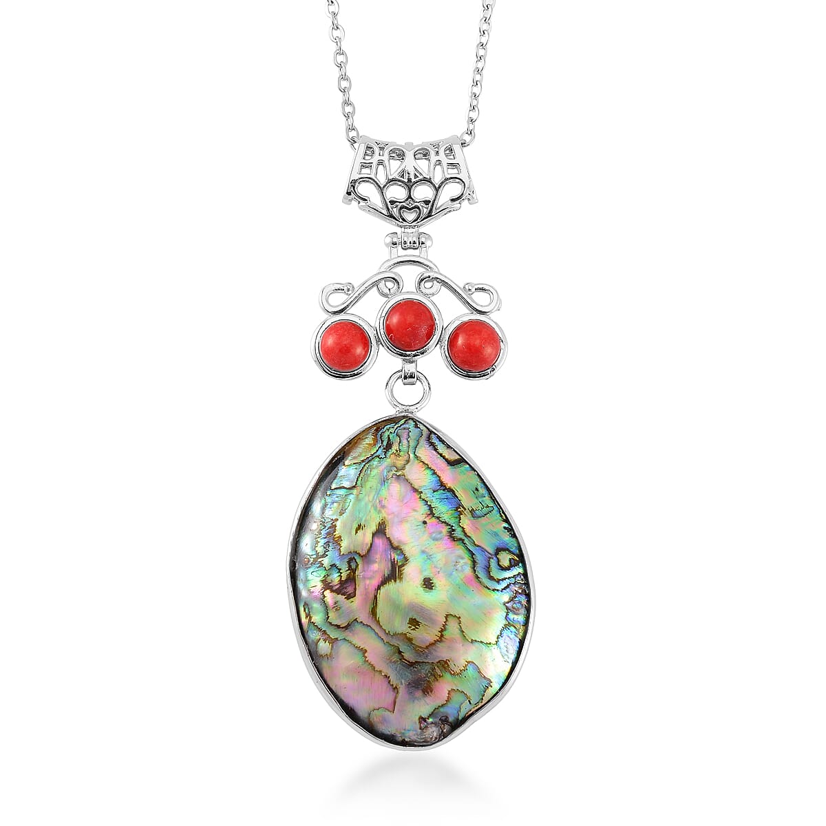 Abalone Shell and Red Coral Pendant Necklace in Silvertone & Stainless Steel 20 Inches