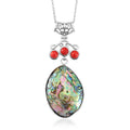 Abalone Shell and Red Coral Pendant Necklace in Silvertone & Stainless Steel 20 Inches - Sticky add to cart bar