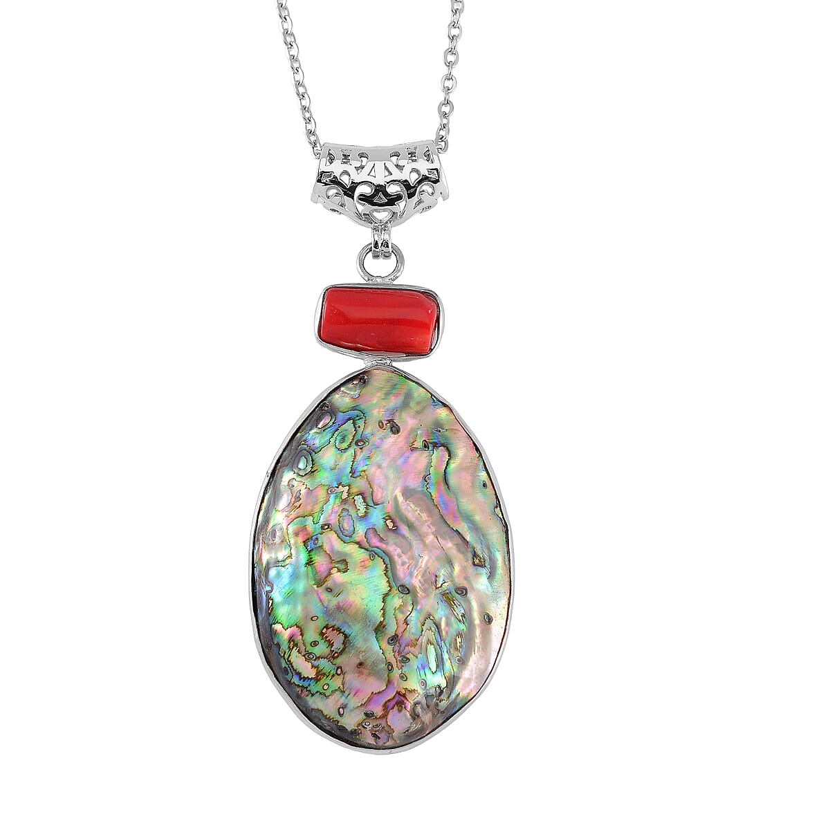 Abalone Shell and Red Coral Pendant Necklace in Silvertone & Stainless Steel 20 Inches