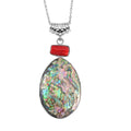 Abalone Shell and Red Coral Pendant Necklace in Silvertone & Stainless Steel 20 Inches - Sticky add to cart bar
