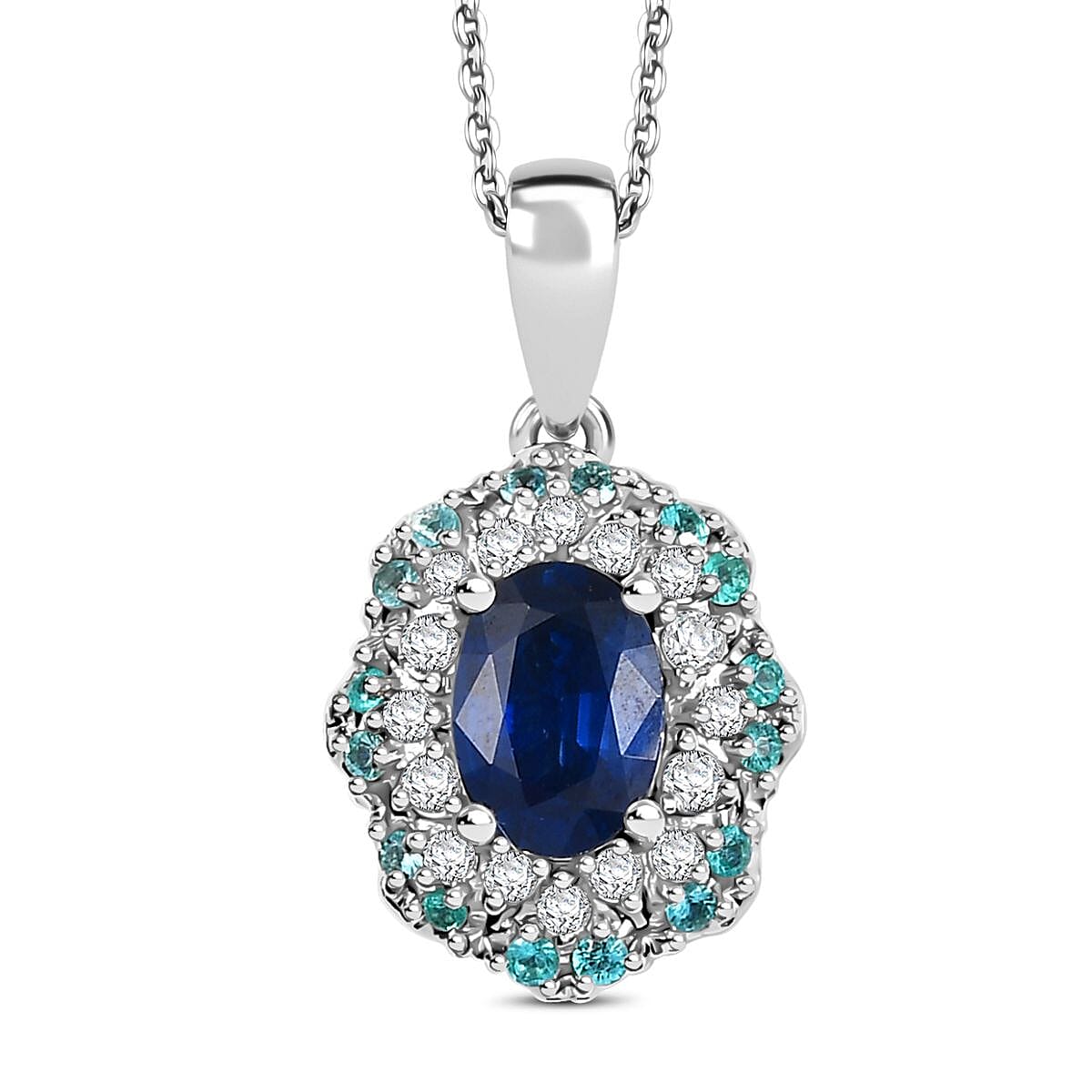 Certified & Appraised Rhapsody 950 Platinum AAAA Ceylon Blue Sapphire, Paraiba Tourmaline and E-F VS Diamond 1.50 ctw Pendant Necklace 20 Inches