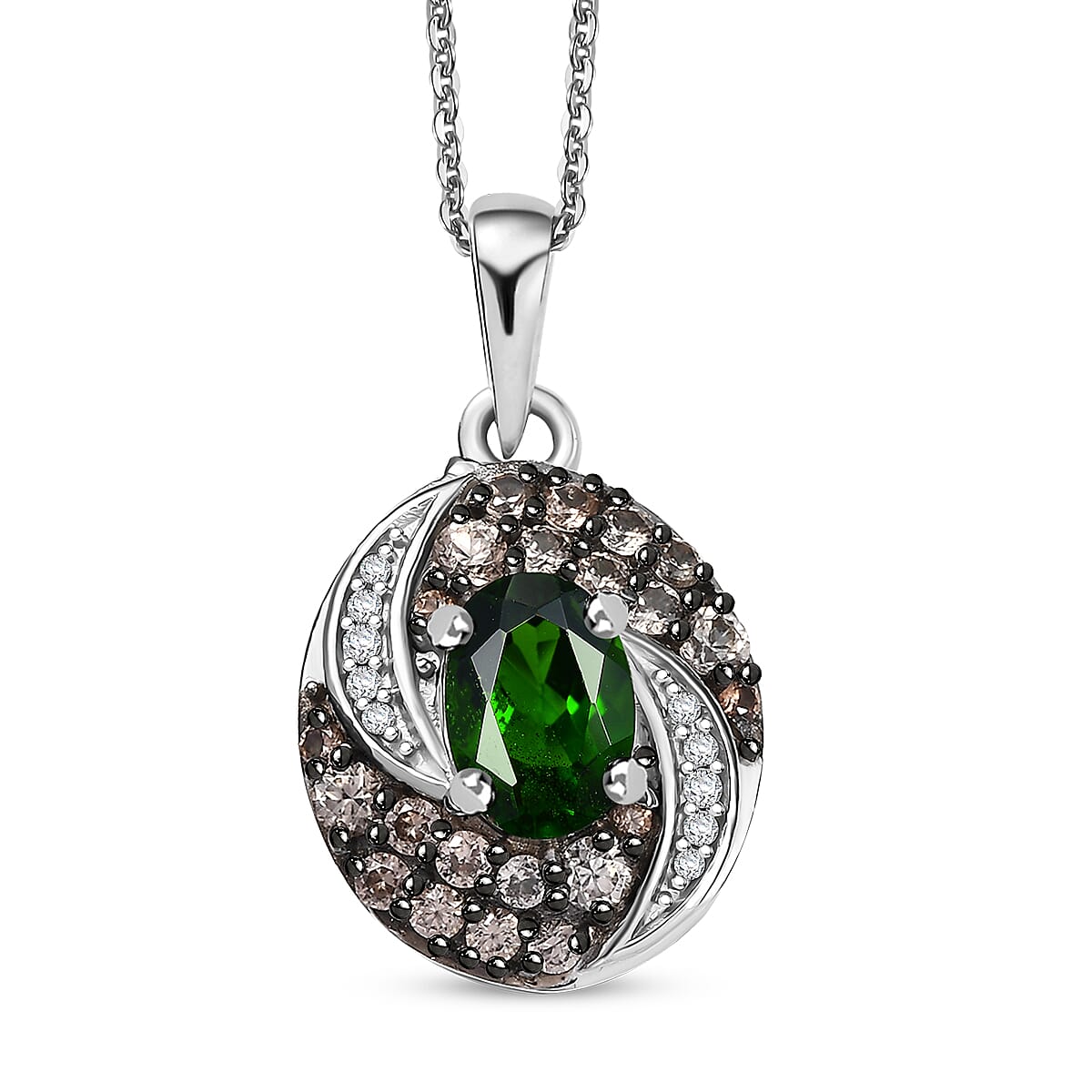 Chrome Diopside, Brown and White Zircon 1.50 ctw Sea Wave Pendant in Rhodium Over Sterling Silver with Stainless Steel Necklace 20 Inches