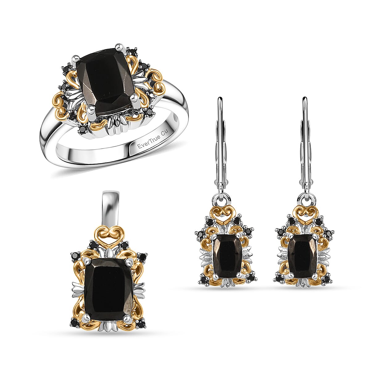 EverTrue Elite Shungite, Thai Black Spinel Ring (Size 5.0), Pendant and Lever Back Earrings in 14K YG and Platinum Over Copper 3.30 ctw
