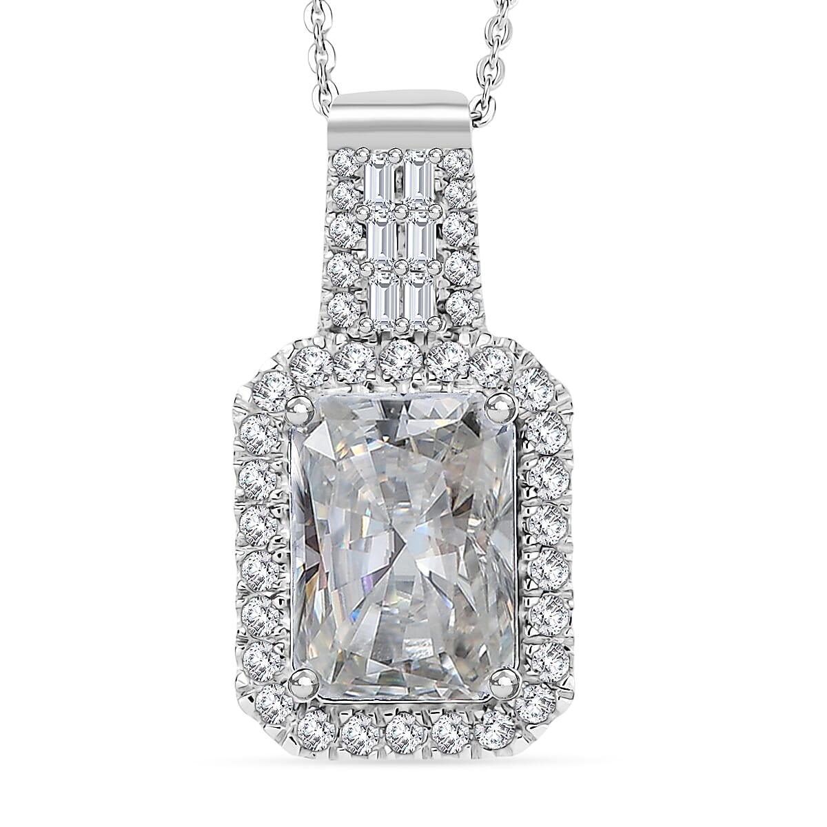 D'Joy Radiant Cut Moissanite 4.65 ctw Art Deco Pendant Necklace in Rhodium Over Sterling Silver 20 Inches