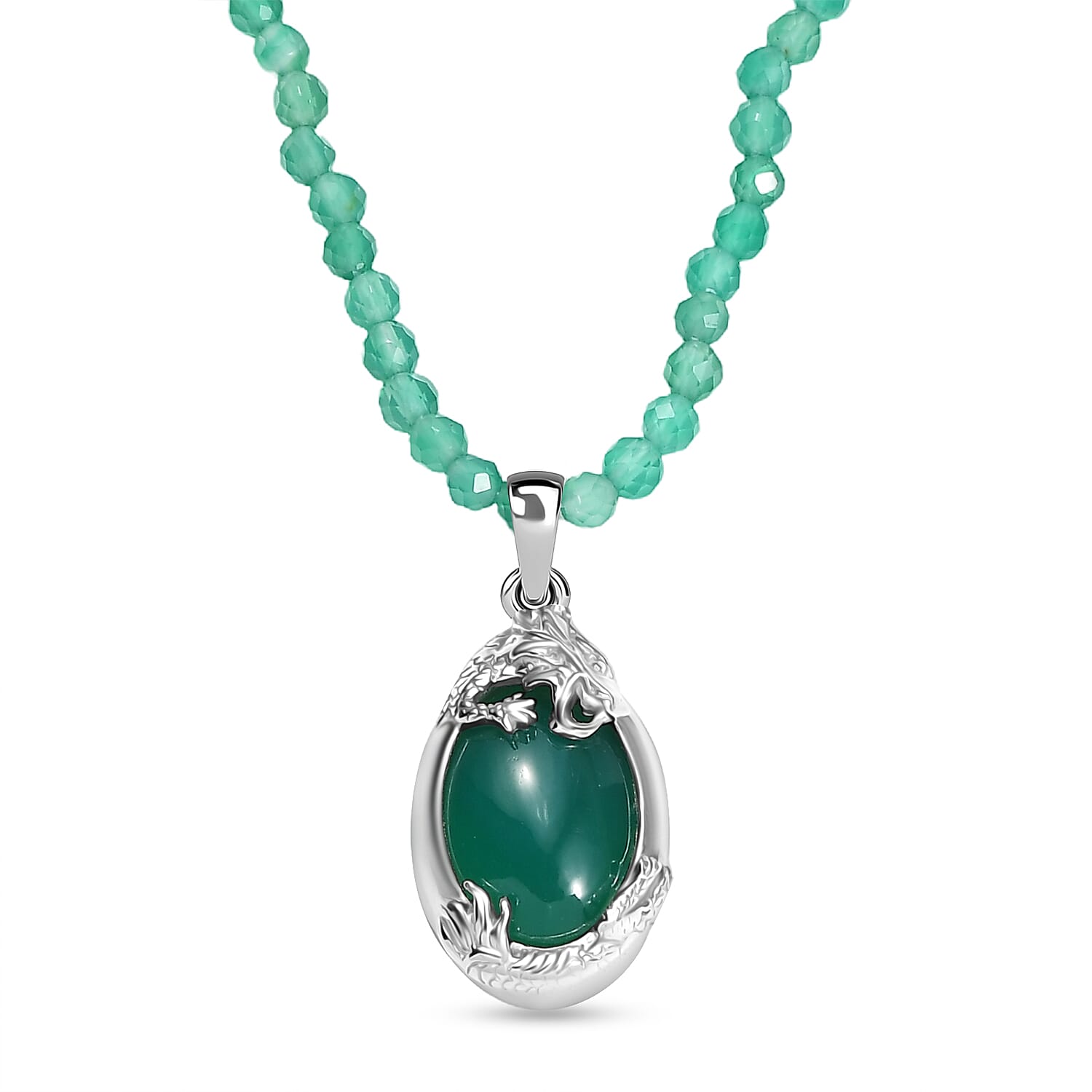 D'Joy Verde Onyx 60.80 ctw Dragon Pendant with Beaded Necklace in Rhodium Over Sterling Silver 20 Inches