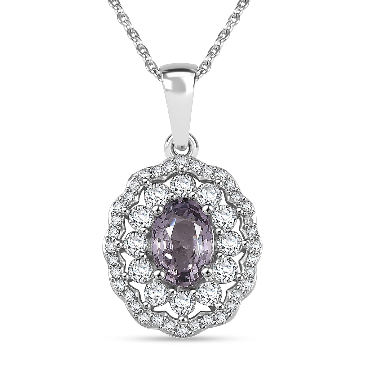 Royal Lavender Spinel and White Zircon 1.70 ctw Floral Pendant Necklace in Rhodium Over Sterling Silver 20 Inches