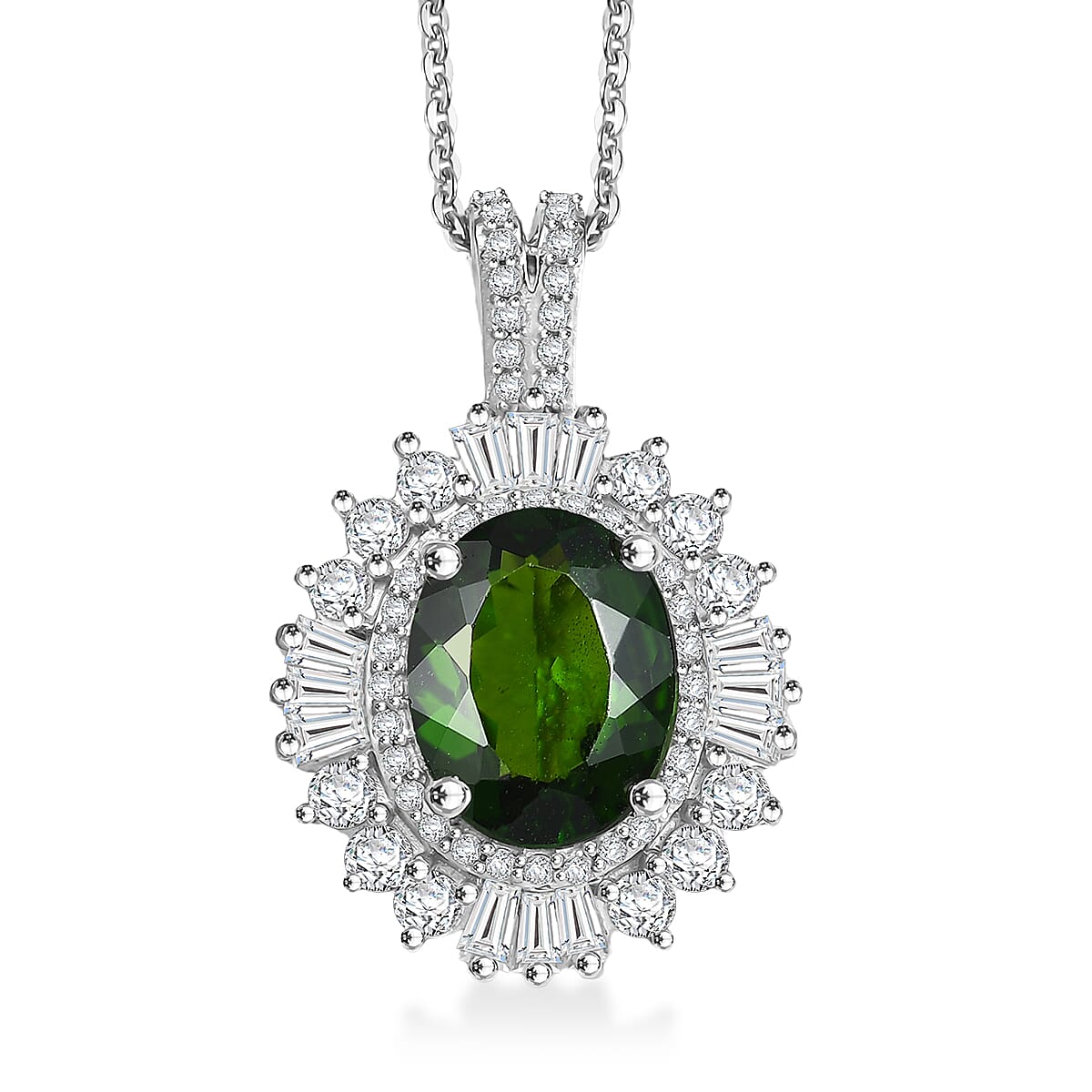 Chrome Diopside and Moissanite 3.60 ctw Starburst Pendant Necklace in Rhodium Over Sterling Silver 20 Inches